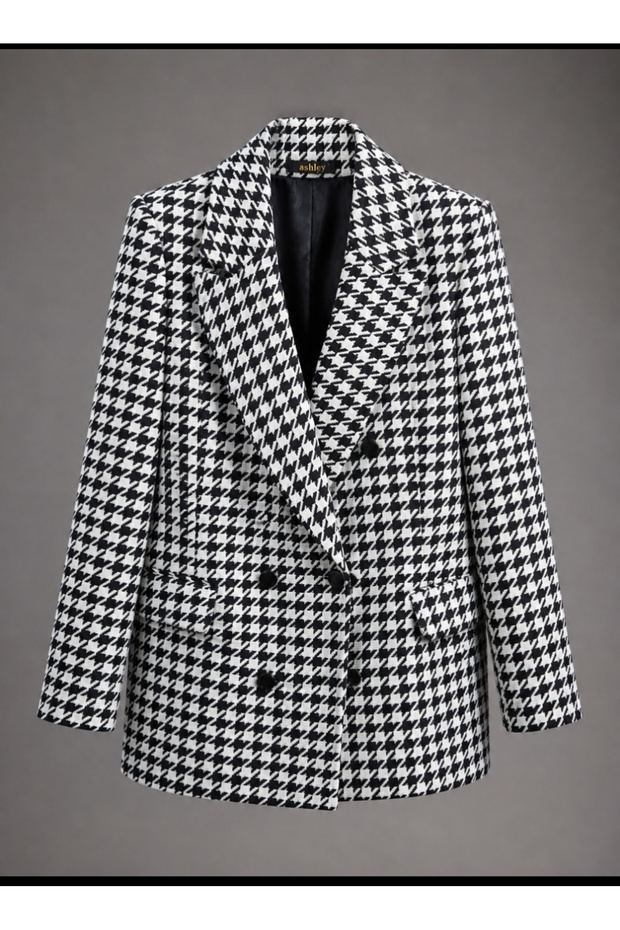 Plus Size Long Black Checked Houndstooth Blazer Jacket