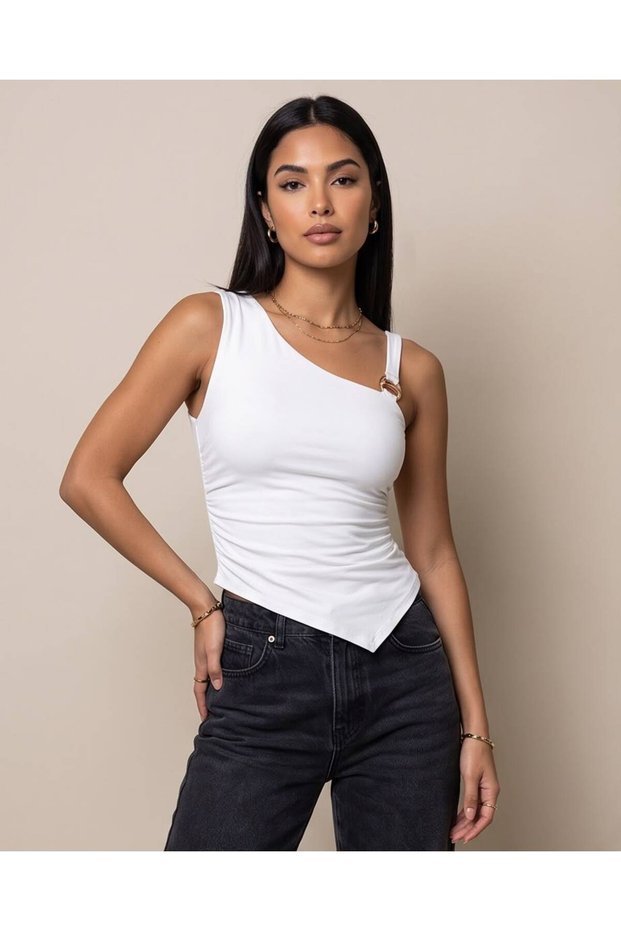 Women's One-Shoulder Asymmetrical Cut Blouse with Metal Accessories