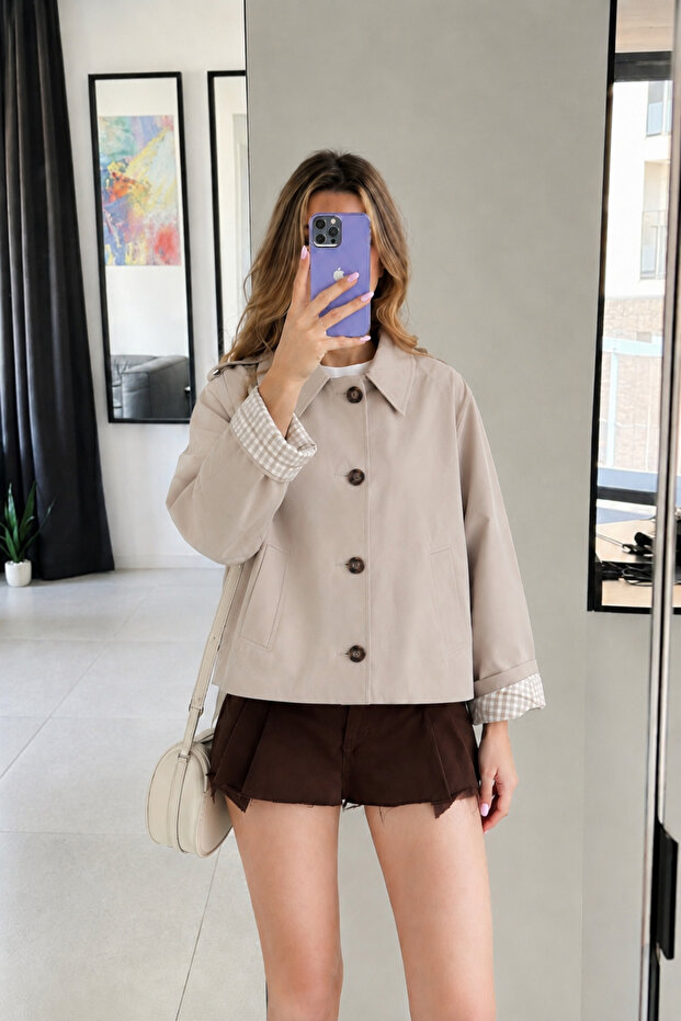 Lined Plaid Buttoned Trench Jacket