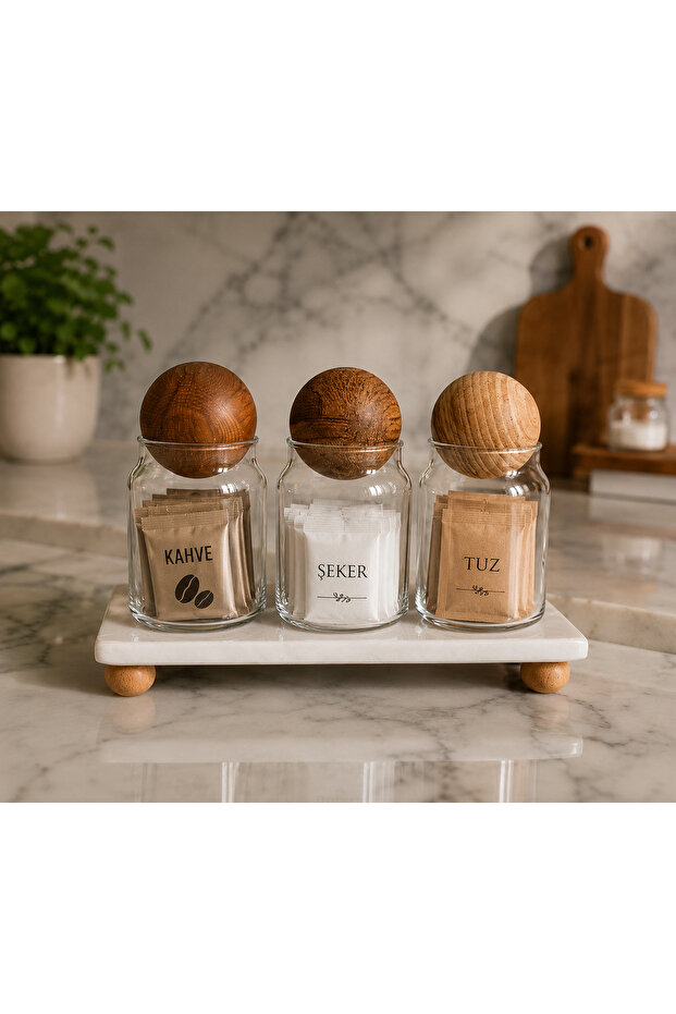 3-Piece Wooden Ball Lid Glass Spice Jar & Jar Set with Marble Stand Kitchen Organizer
