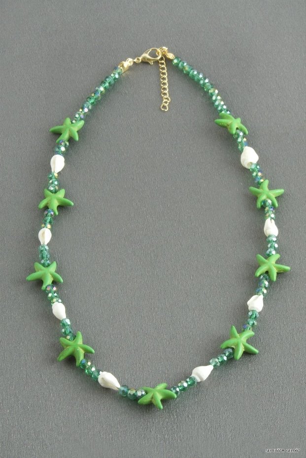Spt-Gld Starfish Crystal Natural Stone Necklace (220210), Green.