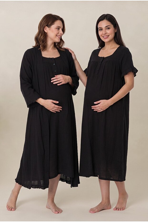 Women's Black Muslin Fabric Short-Sleeved Maternity Nightgown Set with Easy Nursing Features