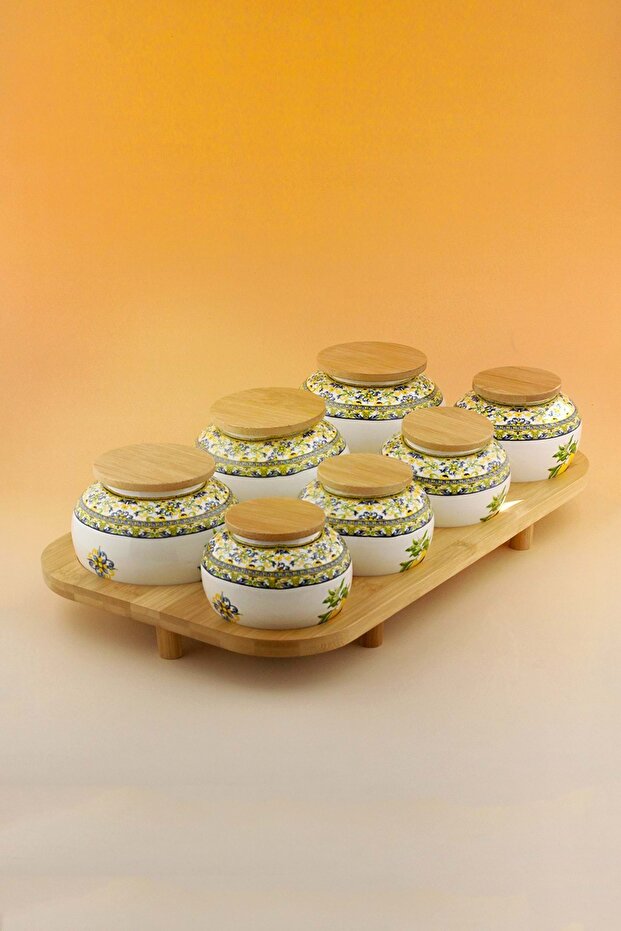 Capri Lemon Bamboo 7-Piece Porcelain Spice Set with Stand