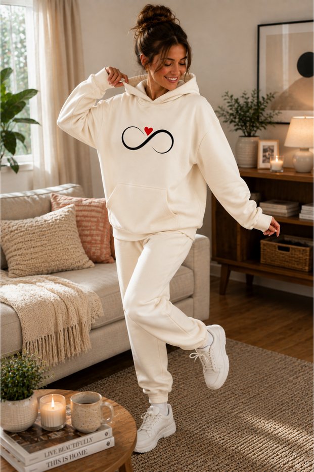 Women's Infinite Heart Graphic Printed Hooded Kangaroo Pocket Cotton Casual Sweatshirt