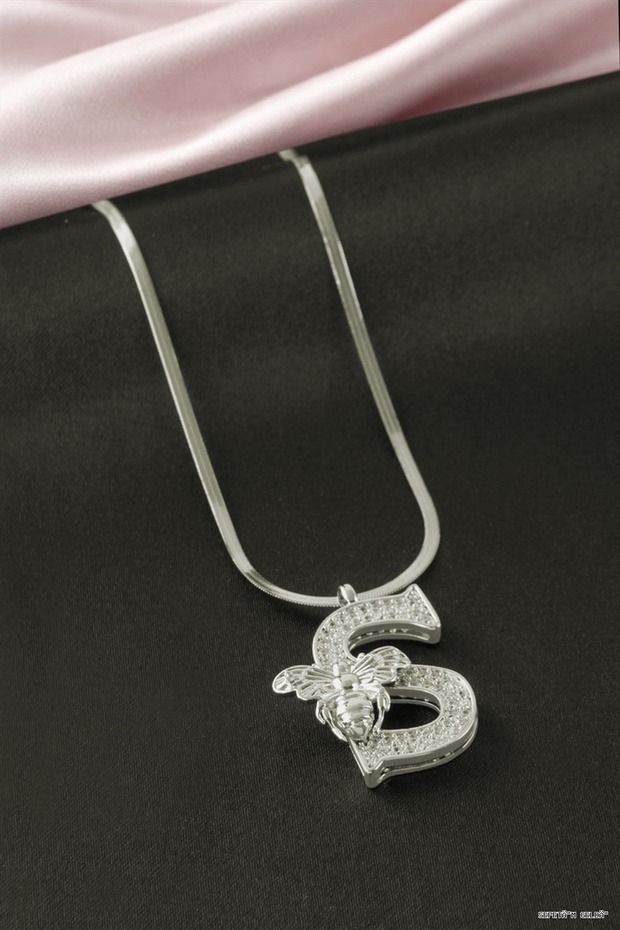 Spt-Gld Bee Zircon Stone Silver Color Lettered Steel (141828) Necklace S