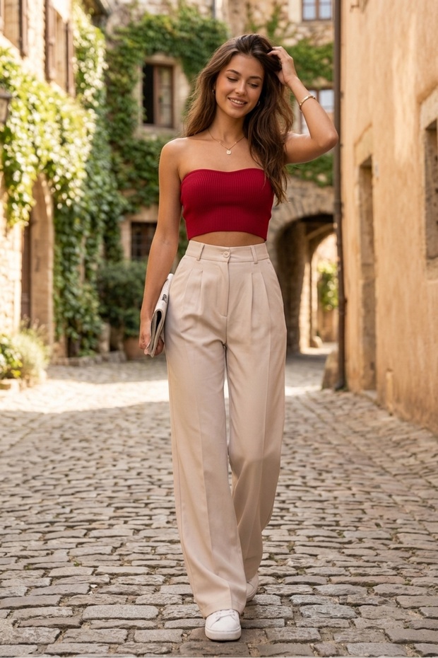 Elegant Posture High Waist Cream Fabric Palazzo Trousers
