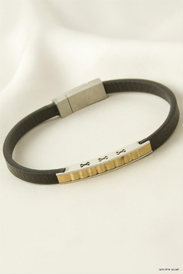 Spt-Gld Twisted Leather Steel (130508) Bracelet Black