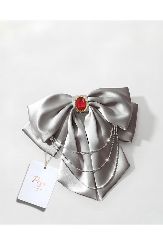 Royale, Gray Satin Ribbon Bow Hair Clip, Automatic Hair Clip. Preschool, School, Elementary School, Children's and Youth Buckle Accessories, Wedding Engagement Celebration Invitation Evening Dresses.