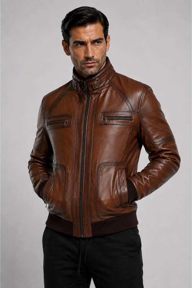 Men's Real Leather Coat with Elastic Band