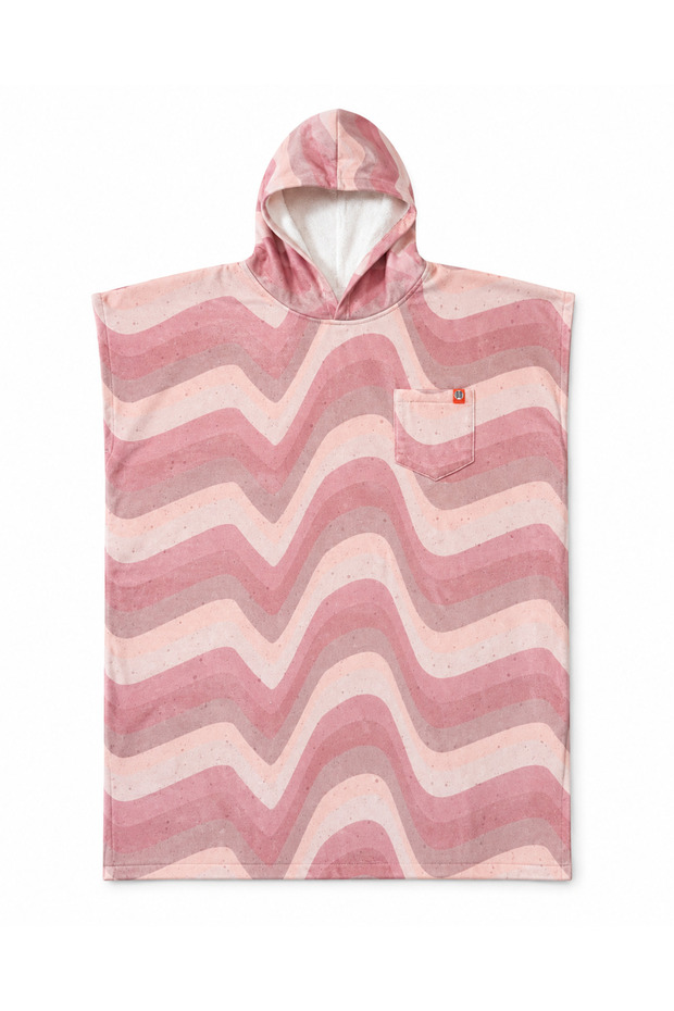 Printed Towel Poncho, 80x100 Oversized Beach, Pool, and Post-Shower Towel—Pink Wave Pattern—has a defect