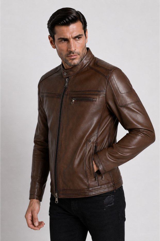 Men's Brown Regular Leather Sports Jacket