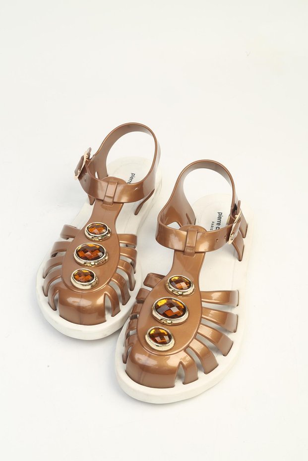 Women's Brown Jelly Sandals – Stylish Summer Sandals with Stone Detail and Ankle Buckle Pco-1021
