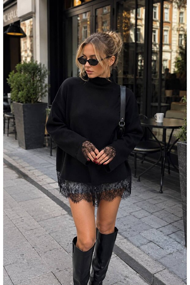 Women's Black Lace Detailed Half Turtleneck Oversize Knitwear Sweater