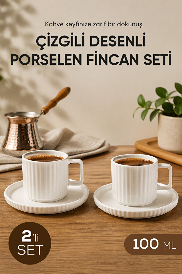 2-Person Striped White Porcelain Coffee Cup Set 100 ml Stylish Coffee Cup Set with Saucers