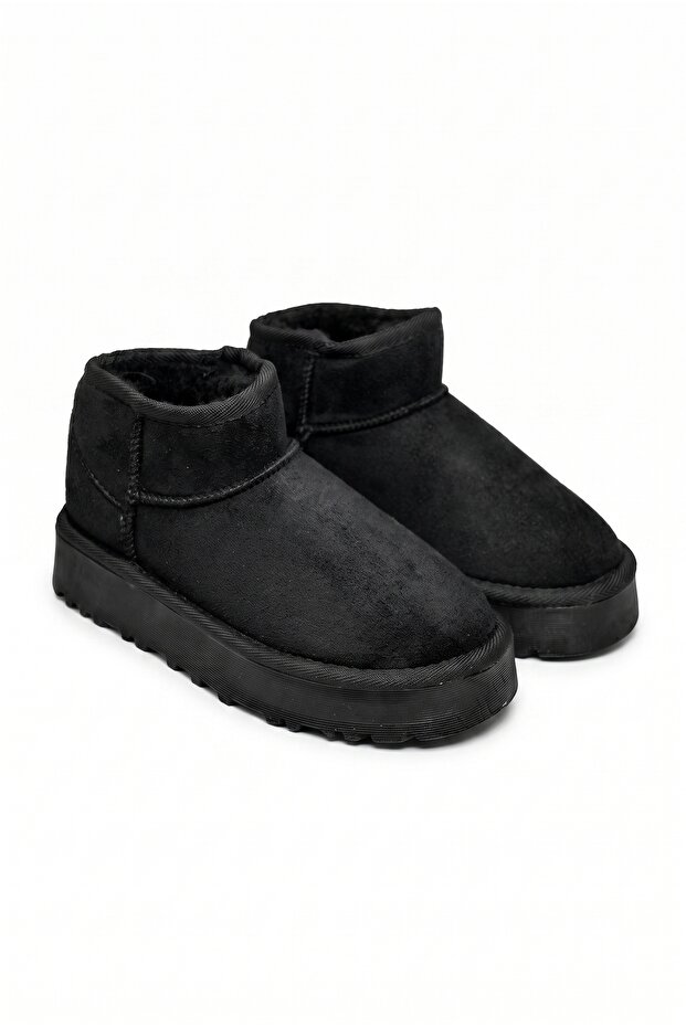 Women's Black Suede Thick Flat Platform Sole Fur Lined Winter Boots