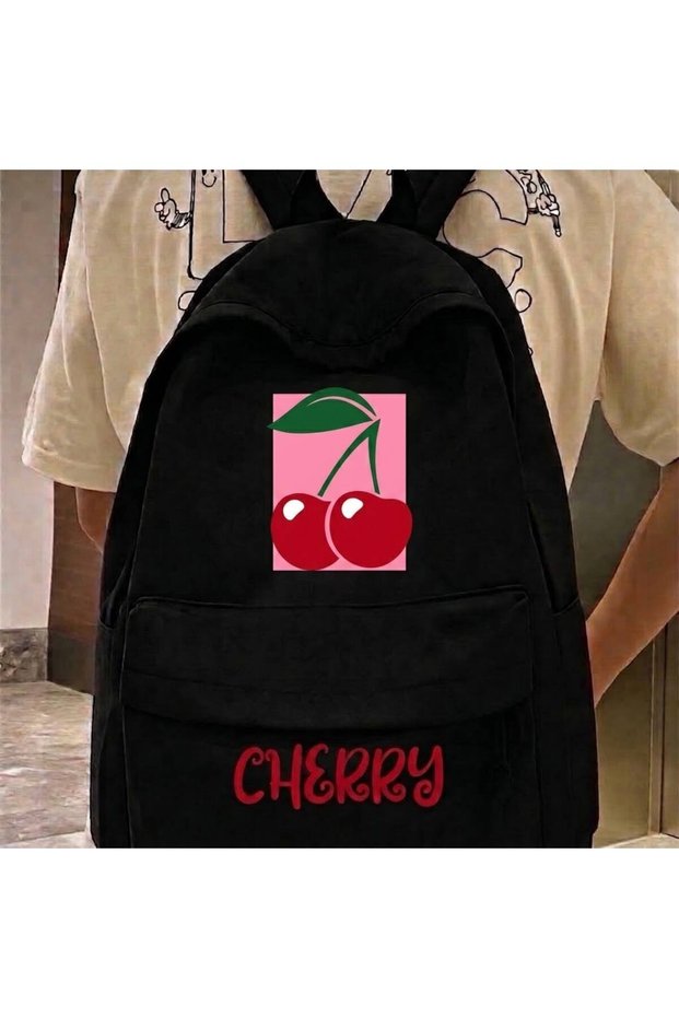 Black Cheryy Printed School, Office, Course, Sports Backpack