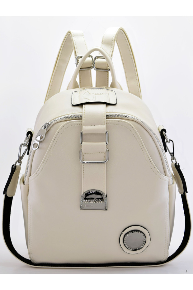 Women's Cream Faux Leather Backpack with Multiple Compartments for Daily Use and Shoulder Strap