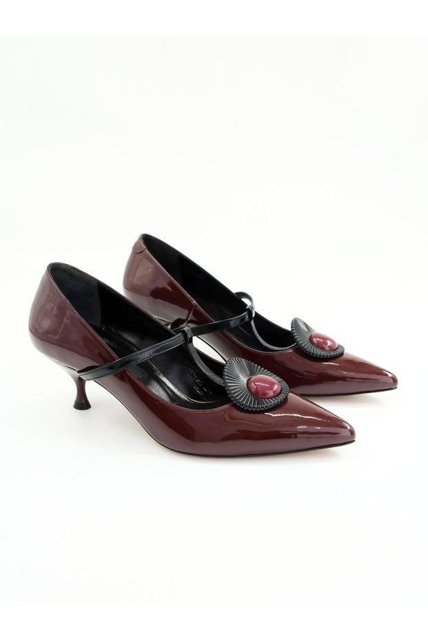 Women's Genuine Leather Heeled Shoes Claret Red Patent Leather