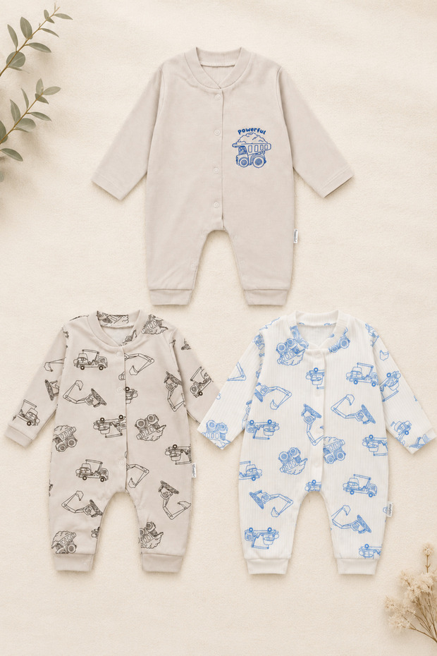 İş Makinleri Patterned 3-Piece Baby Boy Overalls