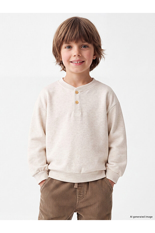 White Crew Neck Buttoned Boys' Sweatshirt