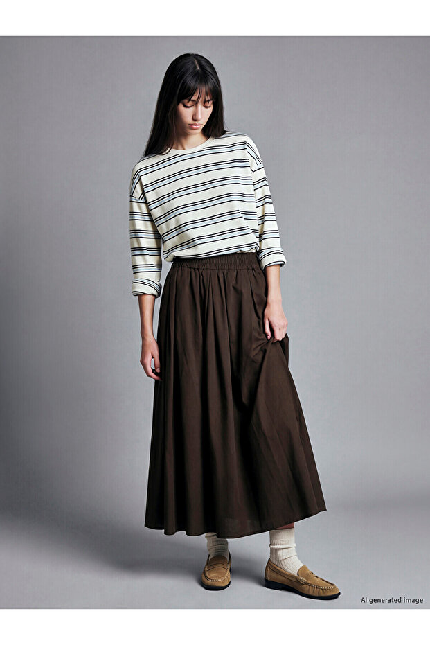Xside Brown Flared Skirt with Elastic Waist, 100% Cotton