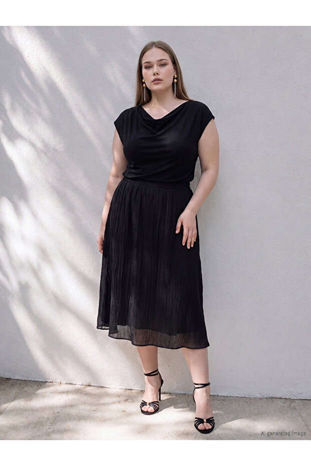Lcwaikiki Curve Black Plus Size Linen Blend Flared Skirt