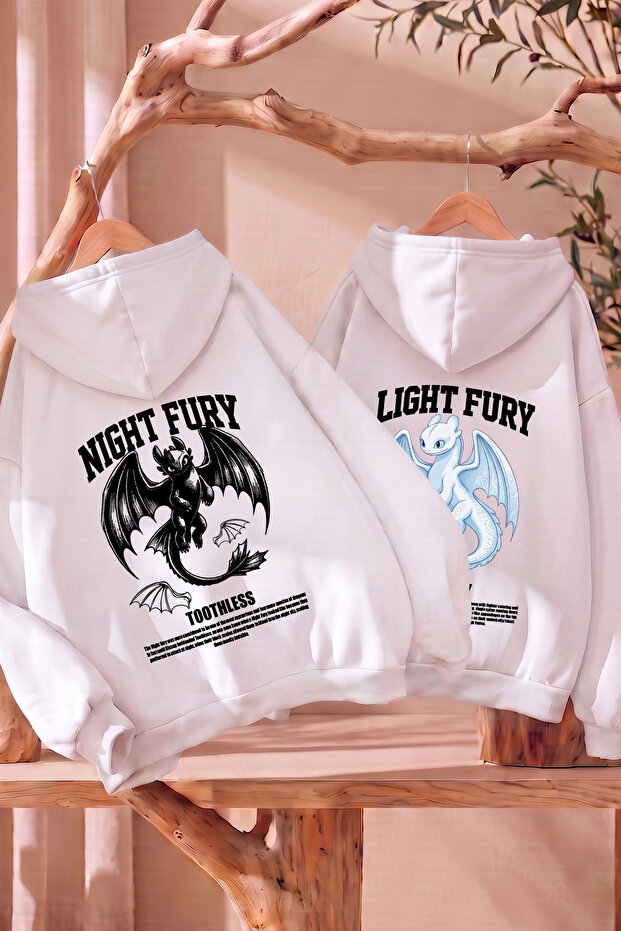 Lover - Friend Couple Combination Night and Light Back Printed Special Design Hooded Sweatshirt Set of 2