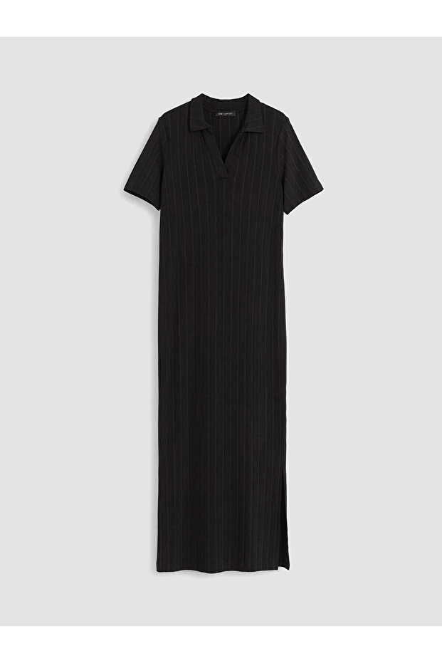 Lcw Comfort Black Polo Collar Slit Ribbed Dress