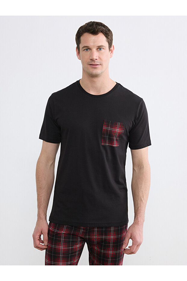 Black Crew Neck Plaid Men's Pajama Top