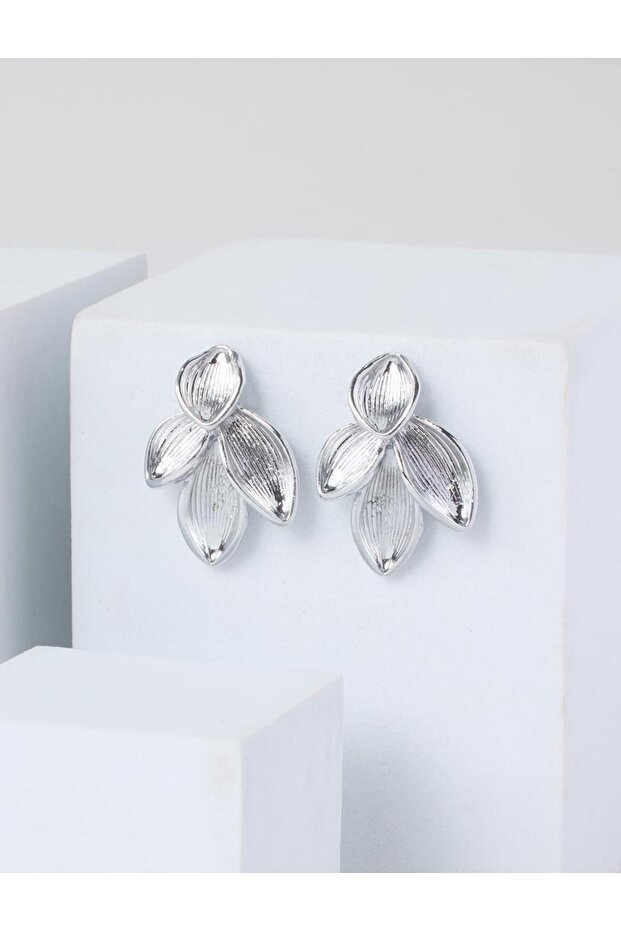 Silver Color Leaf Figured Shiny Elegant Earrings
