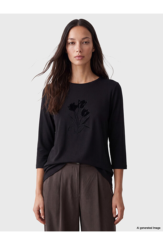 Lcw everyday black crew neck blouse with stone detail