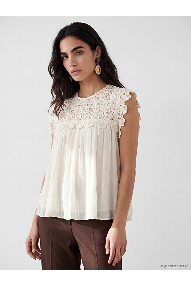 Alita City Lcw Vision Ecru Krinkle Embroidered Oval Neck Sleeveless Women's Blouse with a Difference.