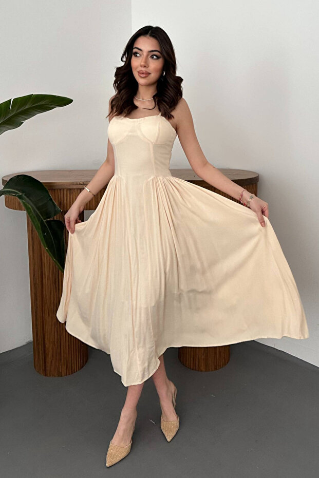 Women's Beige Long Drawstring Dress with Breast Cups