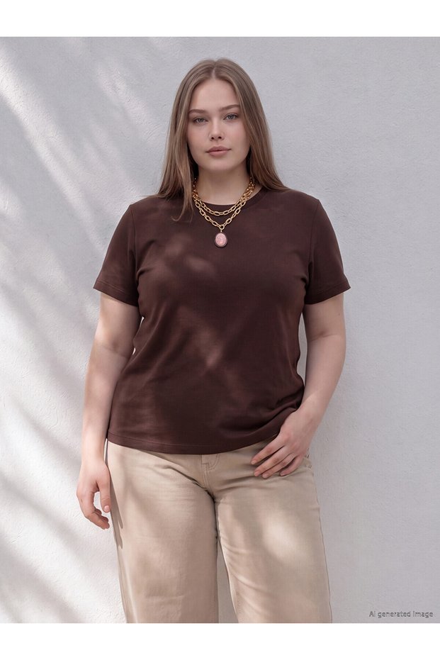 Two Mt Shop Quality Lcw Curve Brown Diver Fabric Plain Narrow & Slim Short Sleeve Women's T-Shirt