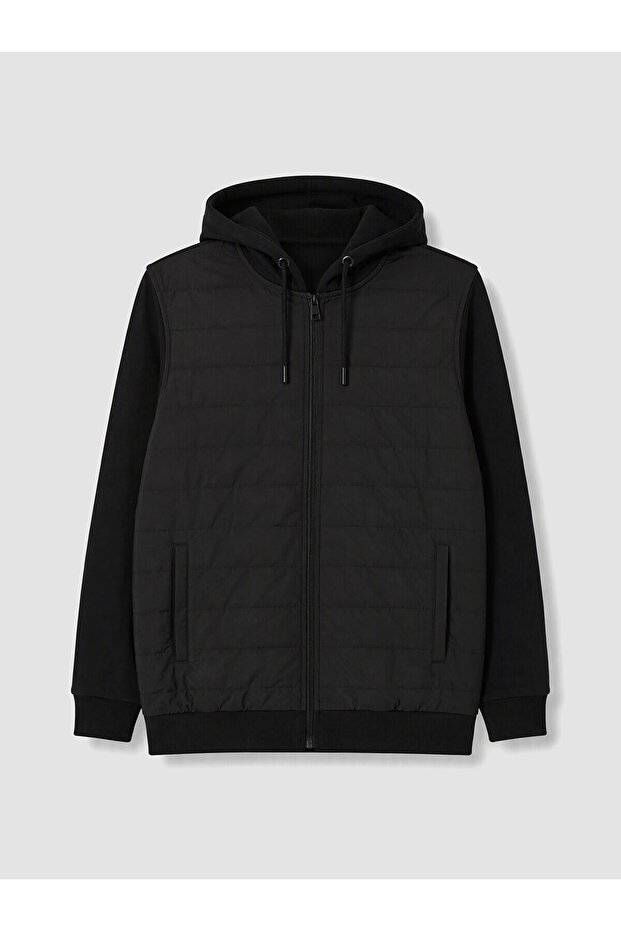 Lcwaikiki classic black Hooded men's zippered sweatshirt