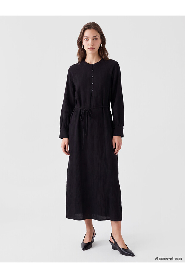 Lcw Modest Black Crew Neck Muslin Dress