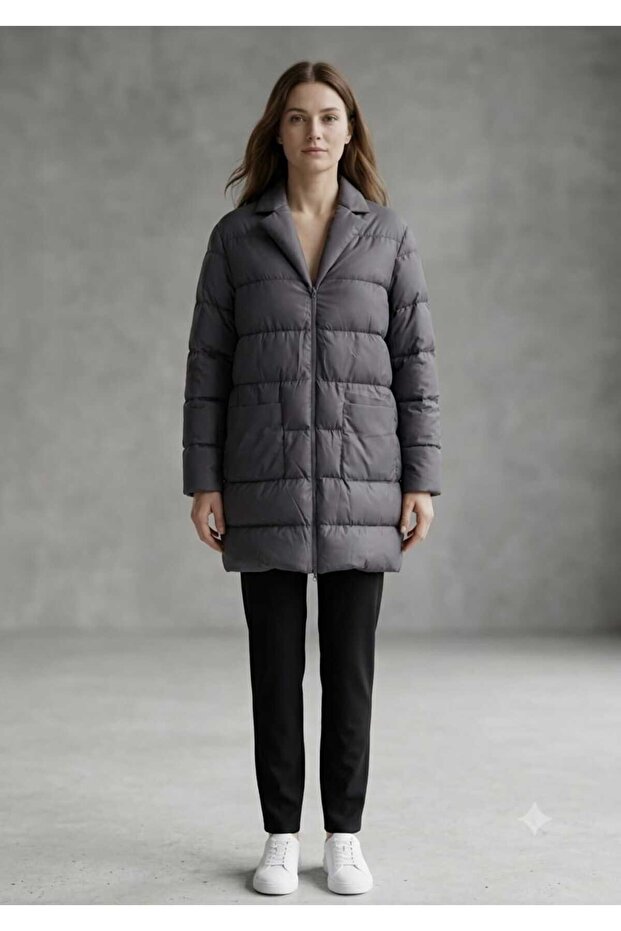 Woman's gray hooded long coat