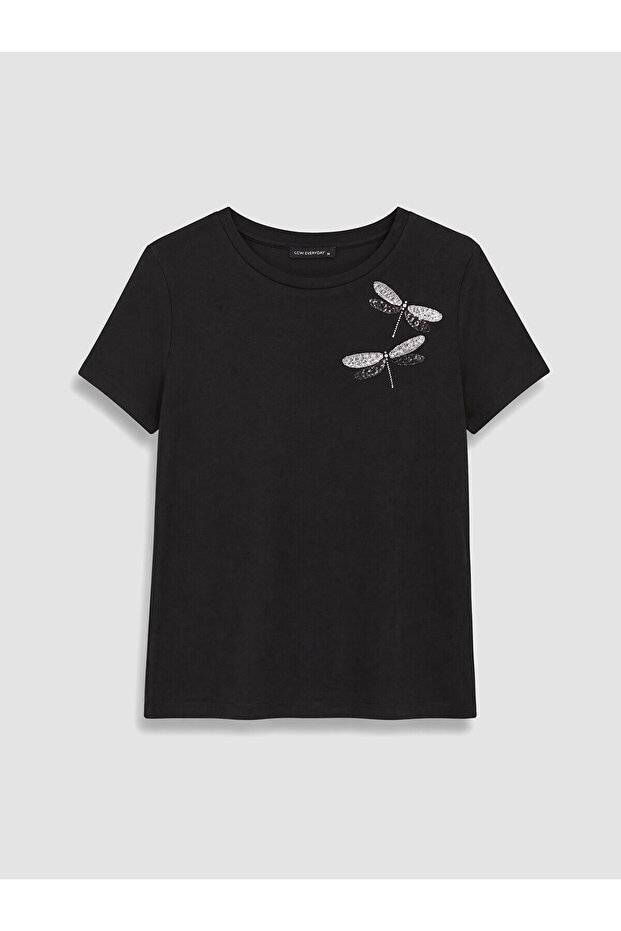 Two Mt Shop Quality Lcw Everyday Black Diver Fabric Embroidered Standard & Regular Short Sleeve Women's T-Shirt