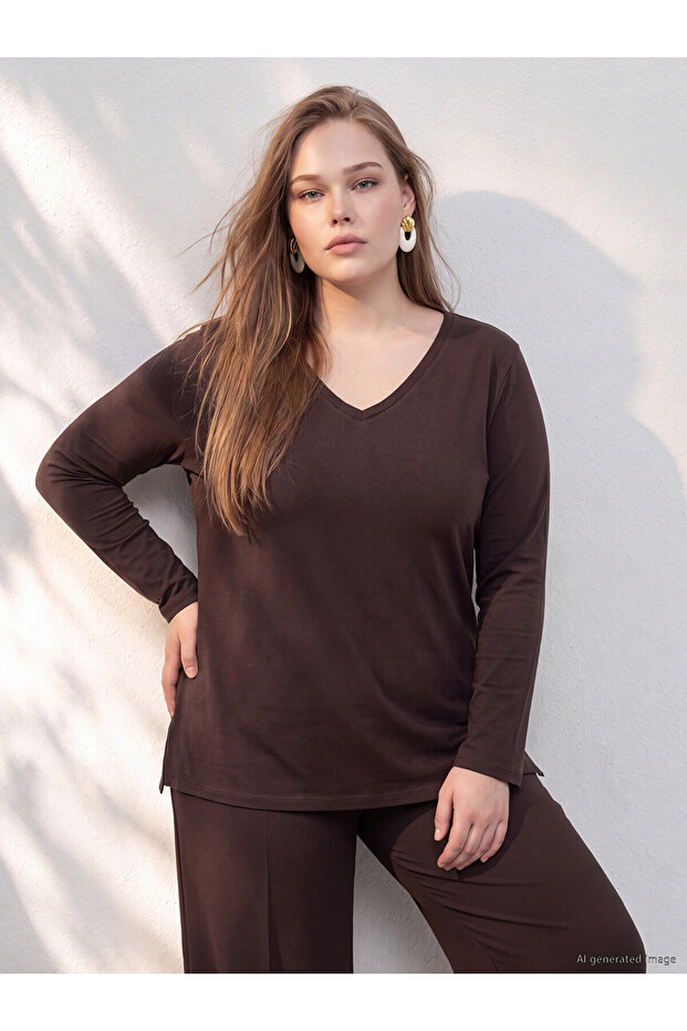Two Mt Shop Quality Lcw Curve Brown Combed Cotton Plain Standard & Regular Long Sleeve Women's T-Shirt