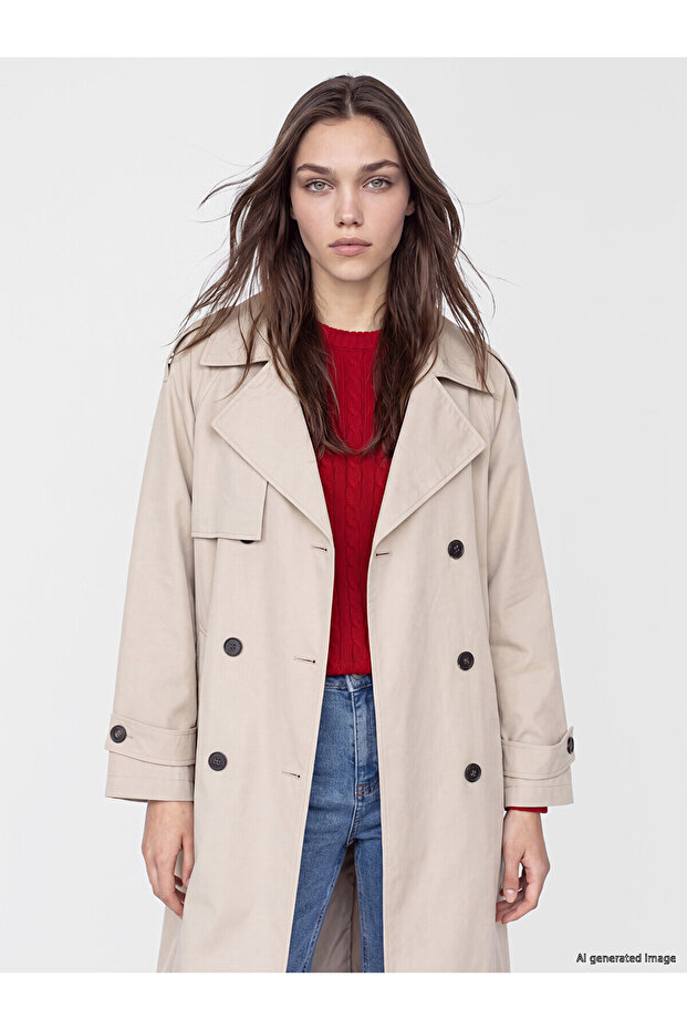 Beige Belted Women's Gabardine Trench Coat
