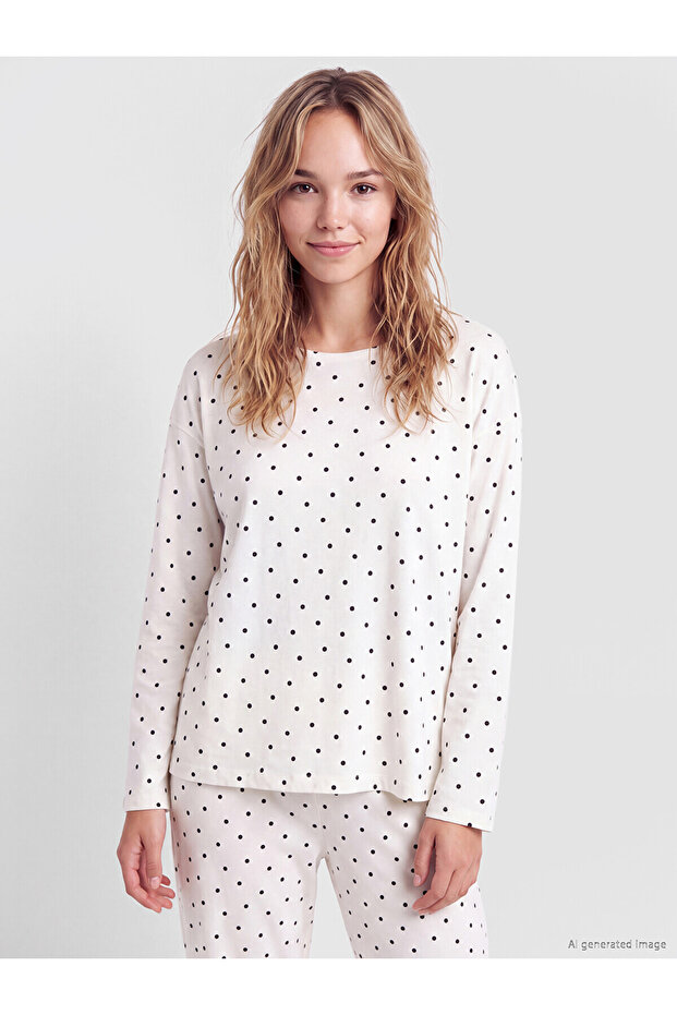 Lcw Dream Ecru Crew Neck Polka Dot Women's Pajama Set