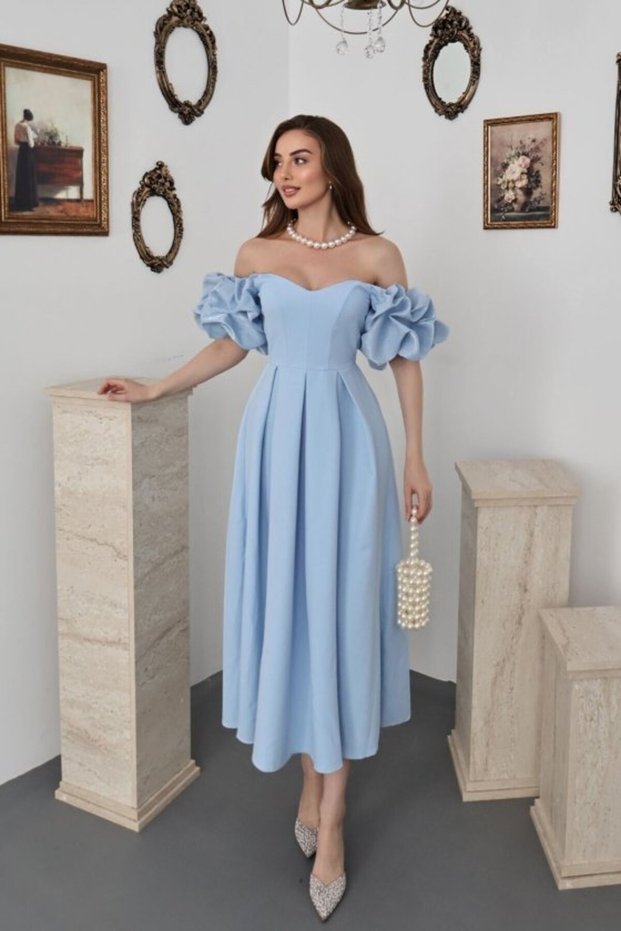 Baby Blue Sleeves Balloon Pleated Atlas Dress