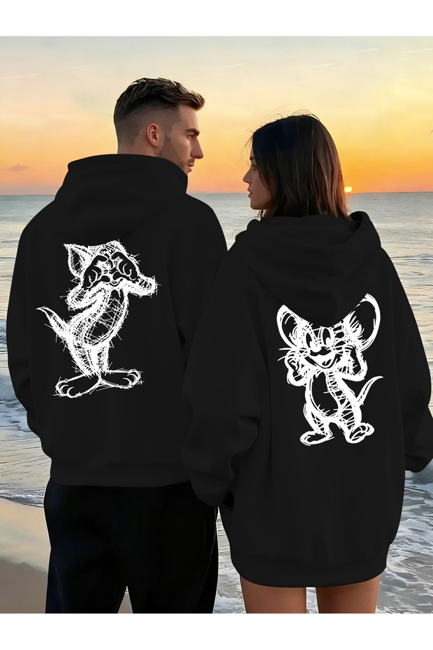 Lover - Friend Couple Combination Tom and Jerry Back Printed Special Design Hooded Sweatshirt Set of 2