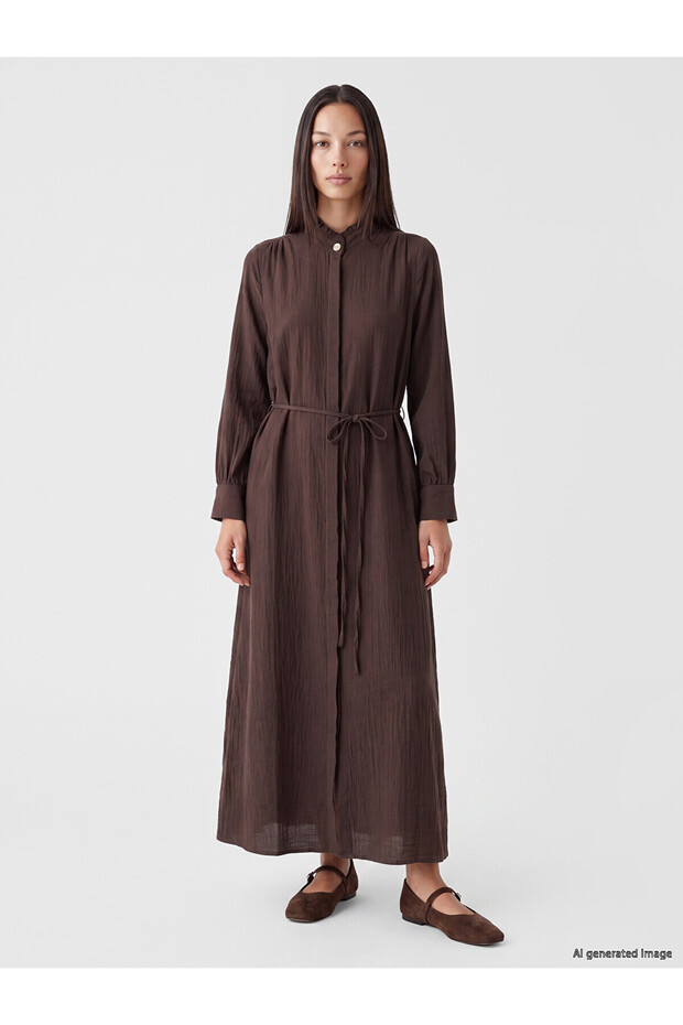Two Mt Shop Quality Lcw Everyday Brown Muslin Plain Loose & Generous Collar Long Shirt Dress