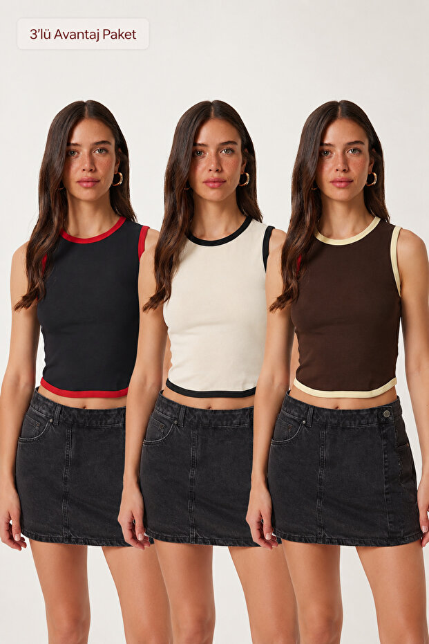 3-Pack Contrast Piping Cotton Blouse Lcr0128 Dark Blue Ecru Brown