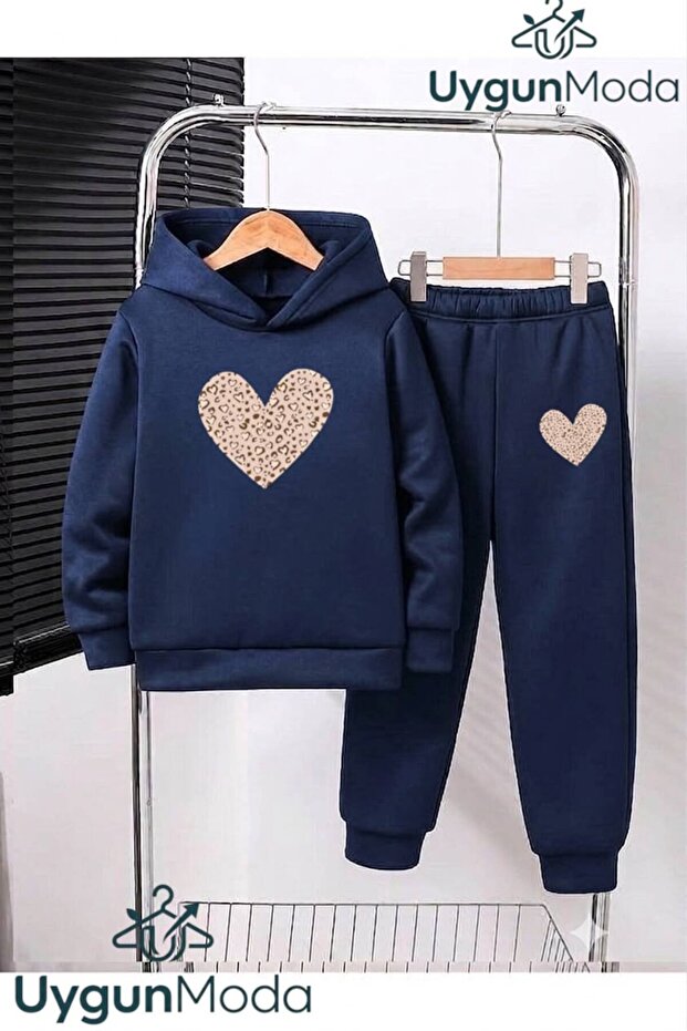 Winter Leopard Heart Printed Hooded Thick Cotton Inside Track Suit with Pockets Children's Bottom and Top Track Suit Set