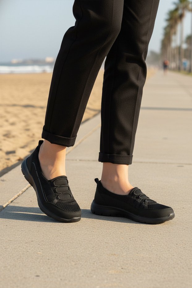Black Mesh Lightweight Comfortable Memory Sole Women's Daily Walking Shoes Bst-1009