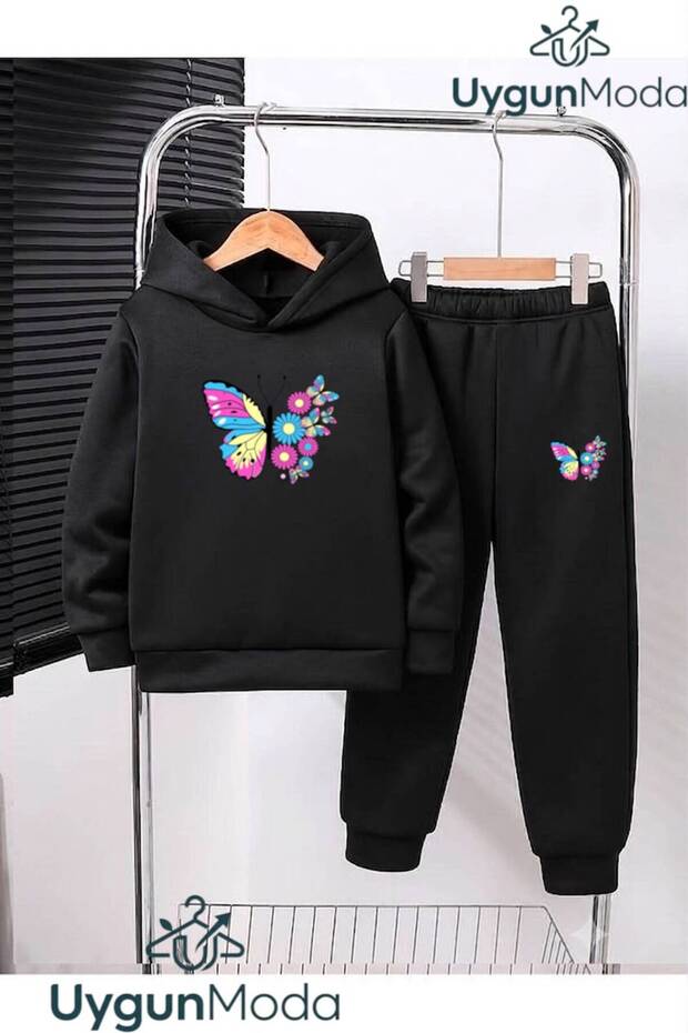Daisy Butterfly Printed Hooded Thick Cotton Inside Sweatpants with Pockets Children's Sweatshirt and Sweatpants Set