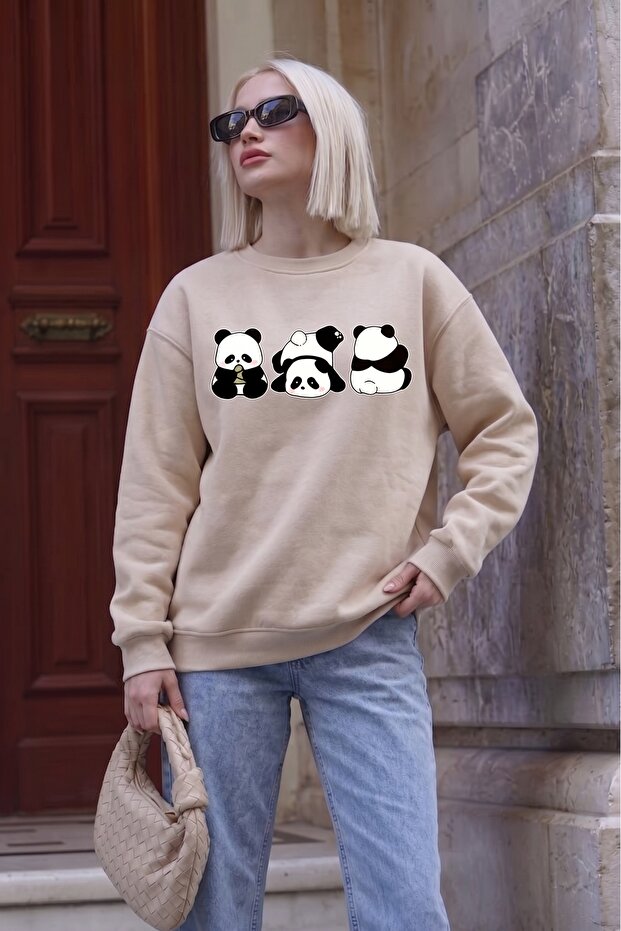 Unisex Naughty Pandas Printed Crew Neck Sweatshirt