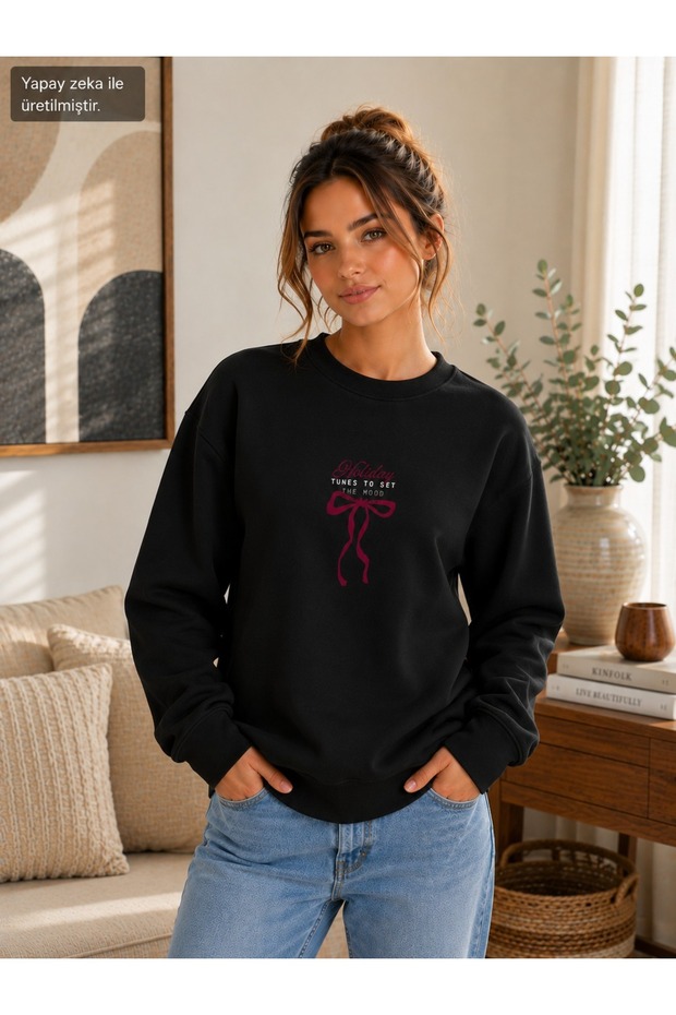 Women's Ribbon Printed Holiday Tunes Written Round Crew Neck Casual Cotton Basic Sweathirt